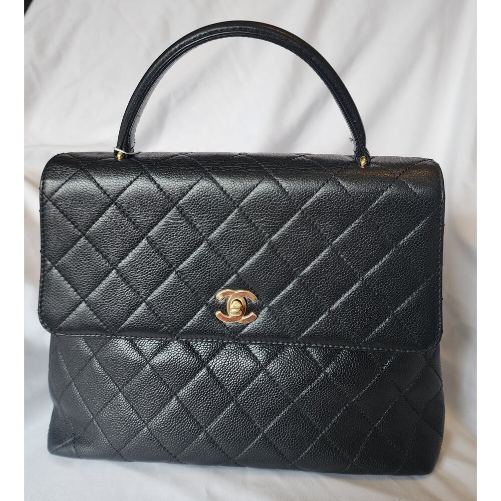 Authentic Chanel Vintage Jumbo Top Handle Quilted Caviar Kelly Bag Flap Handbag